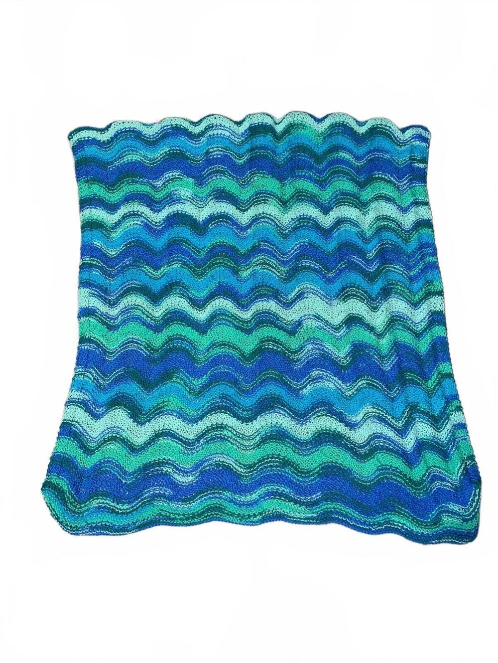 Handmade Vintage Blue and Green Chevron Knit Throw Blanket